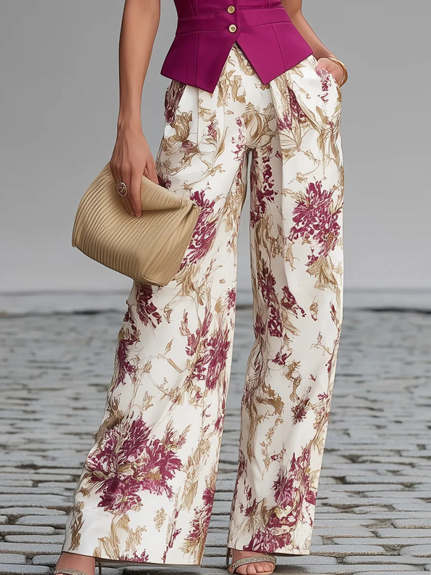 Conjunto de Chaleco Sin Mangas Rosa Claro y Pantalones Anchos con Estampado Floral