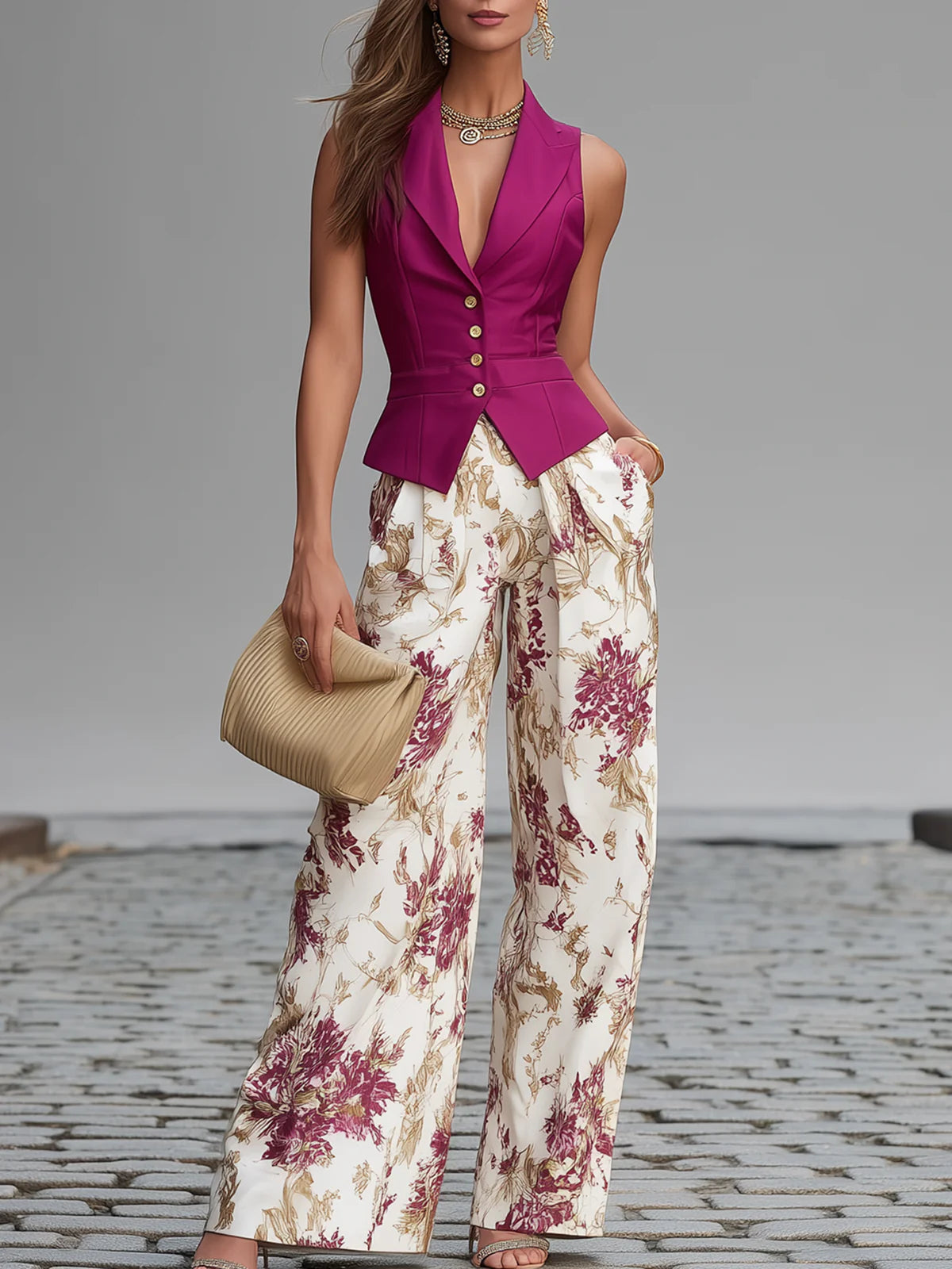 Conjunto de Chaleco Sin Mangas Rosa Claro y Pantalones Anchos con Estampado Floral