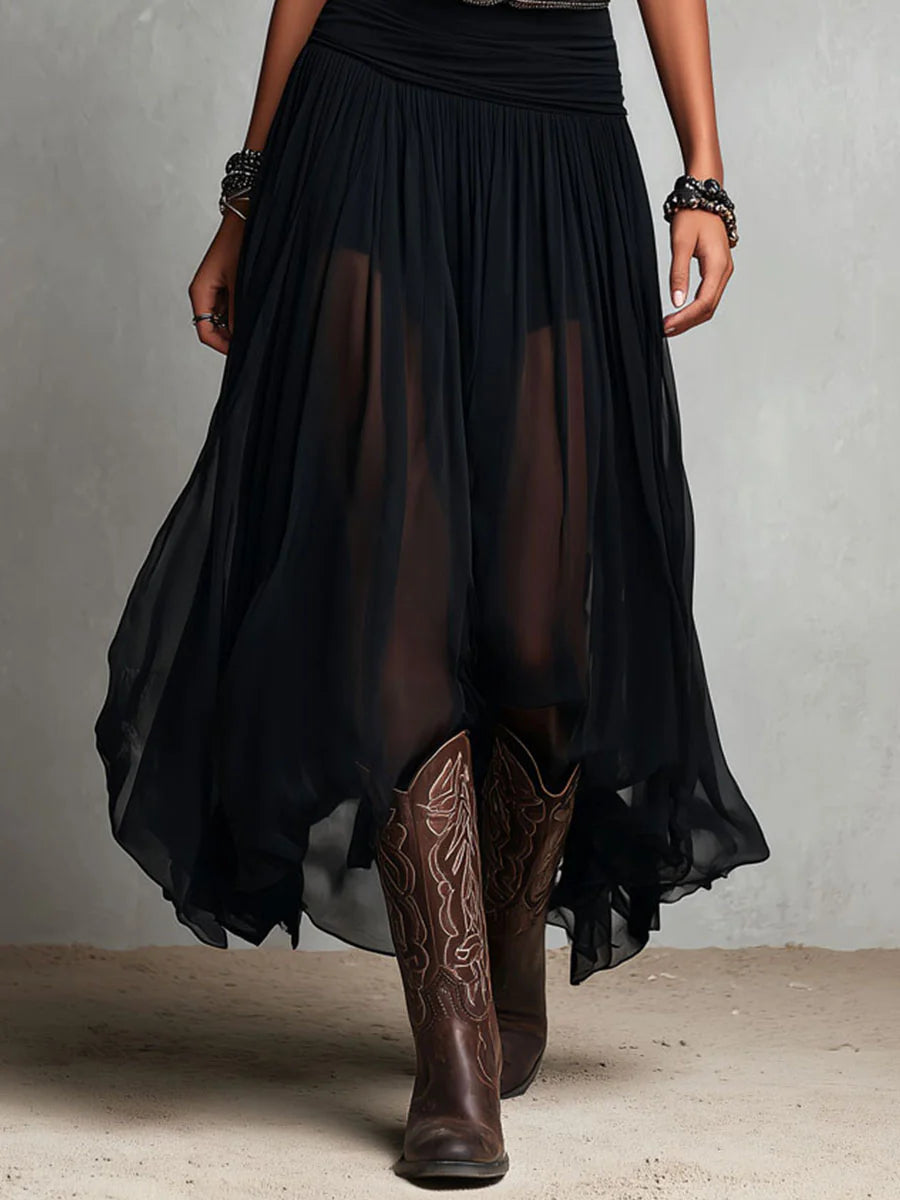 Vestido Maxi Sin Mangas Negro con Falda de Tul (con cinturón)
