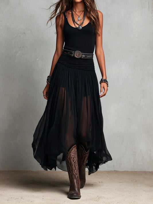 Vestido Maxi Sin Mangas Negro con Falda de Tul (con cinturón)