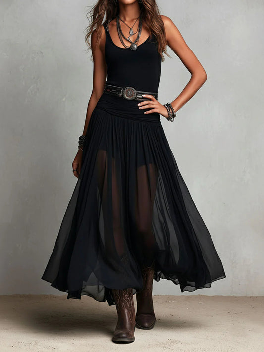Vestido Maxi Sin Mangas Negro con Falda de Tul (con cinturón)