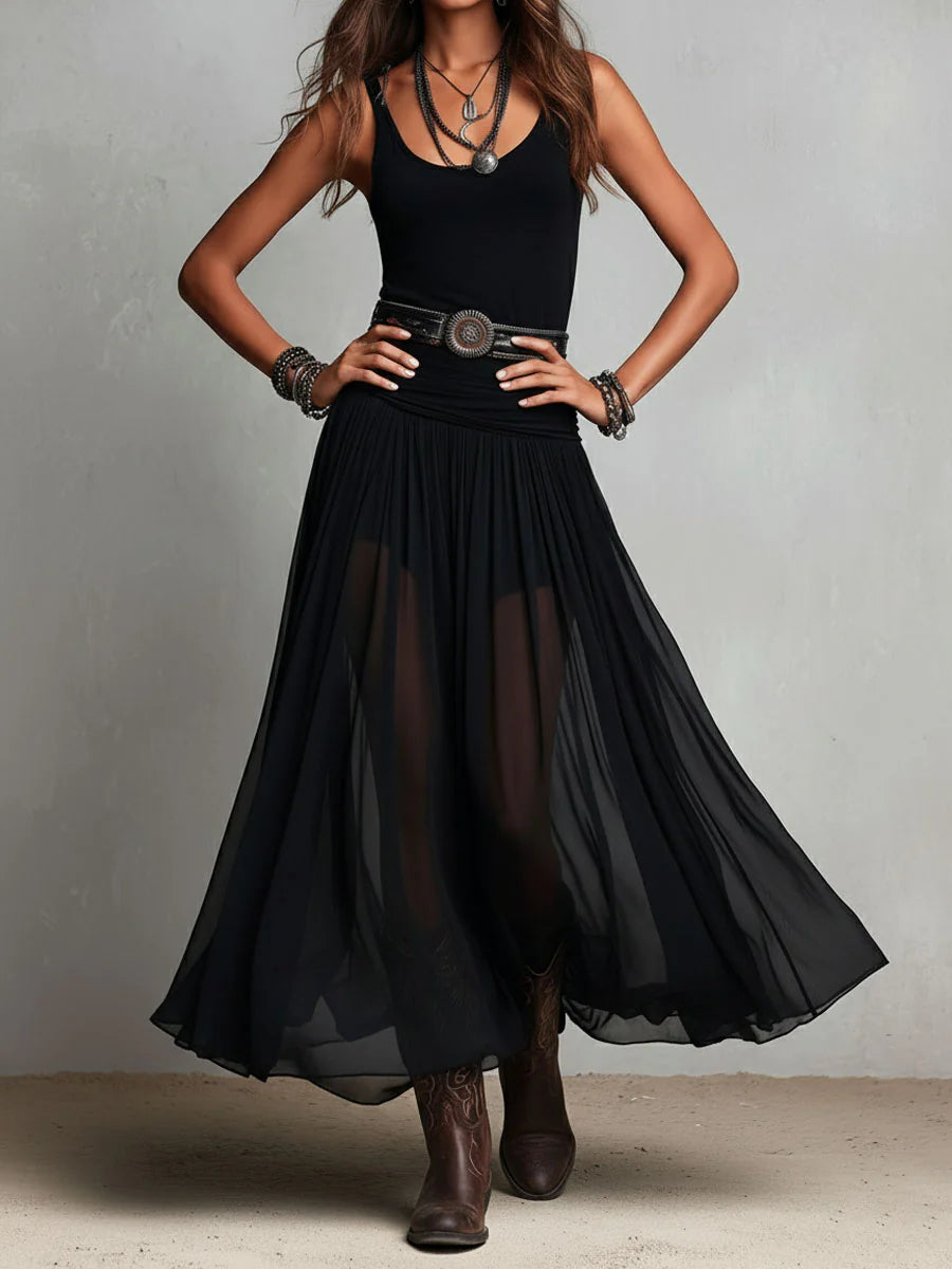 Vestido Maxi Sin Mangas Negro con Falda de Tul (con cinturón)