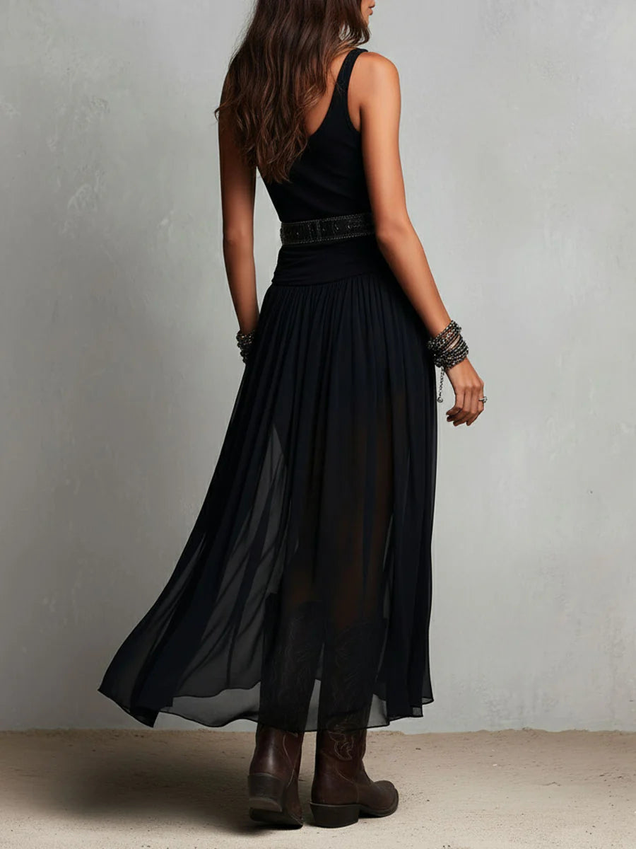 Vestido Maxi Sin Mangas Negro con Falda de Tul (con cinturón)