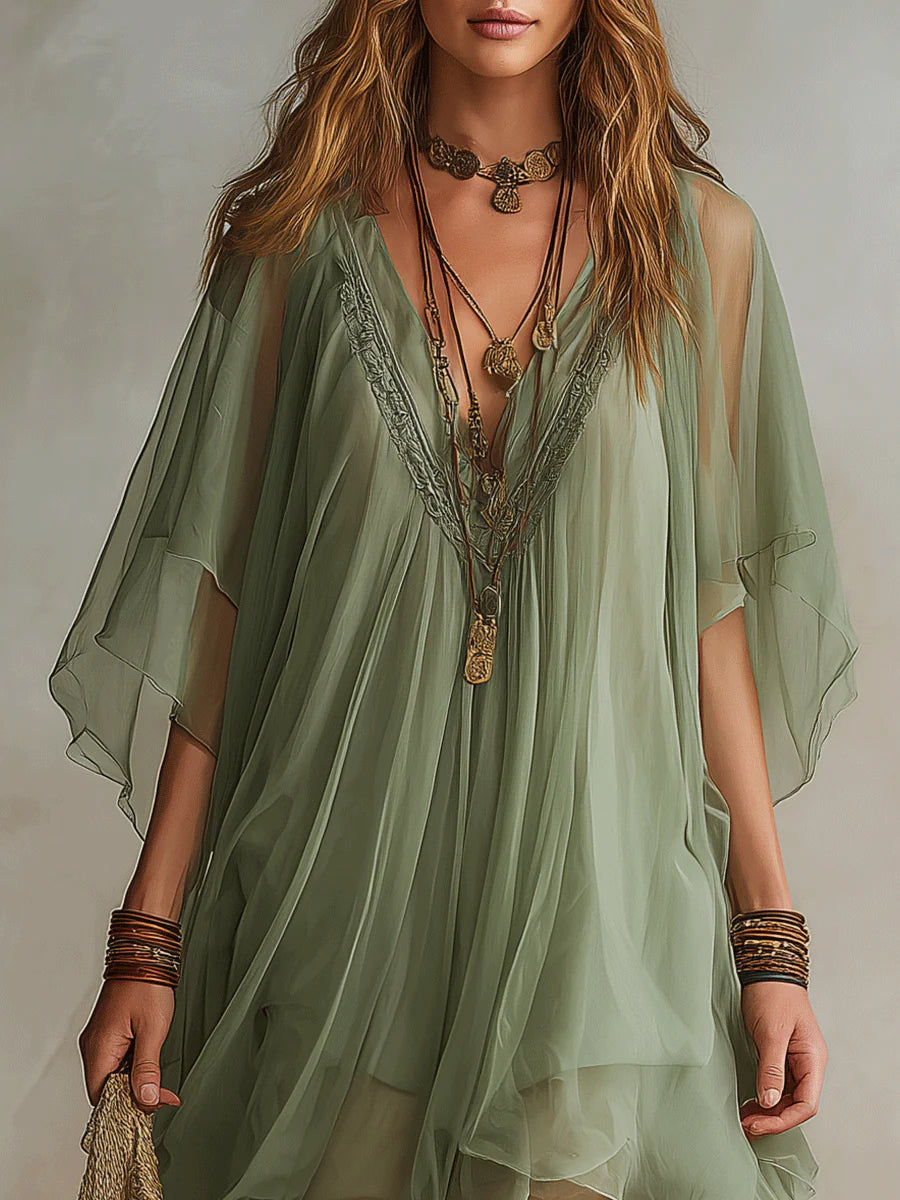 Vestido Mini Fluido de Chiffon Verde con Escote en V