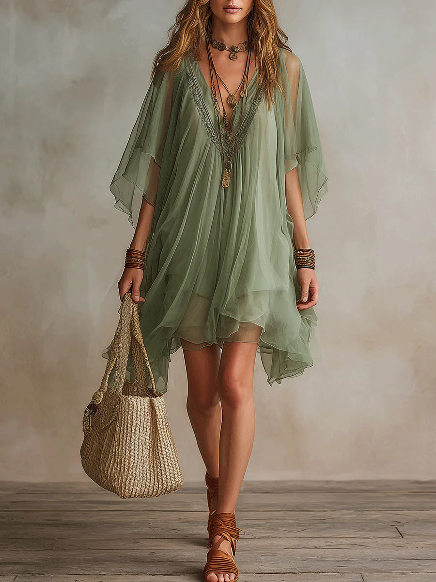 Vestido Mini Fluido de Chiffon Verde con Escote en V