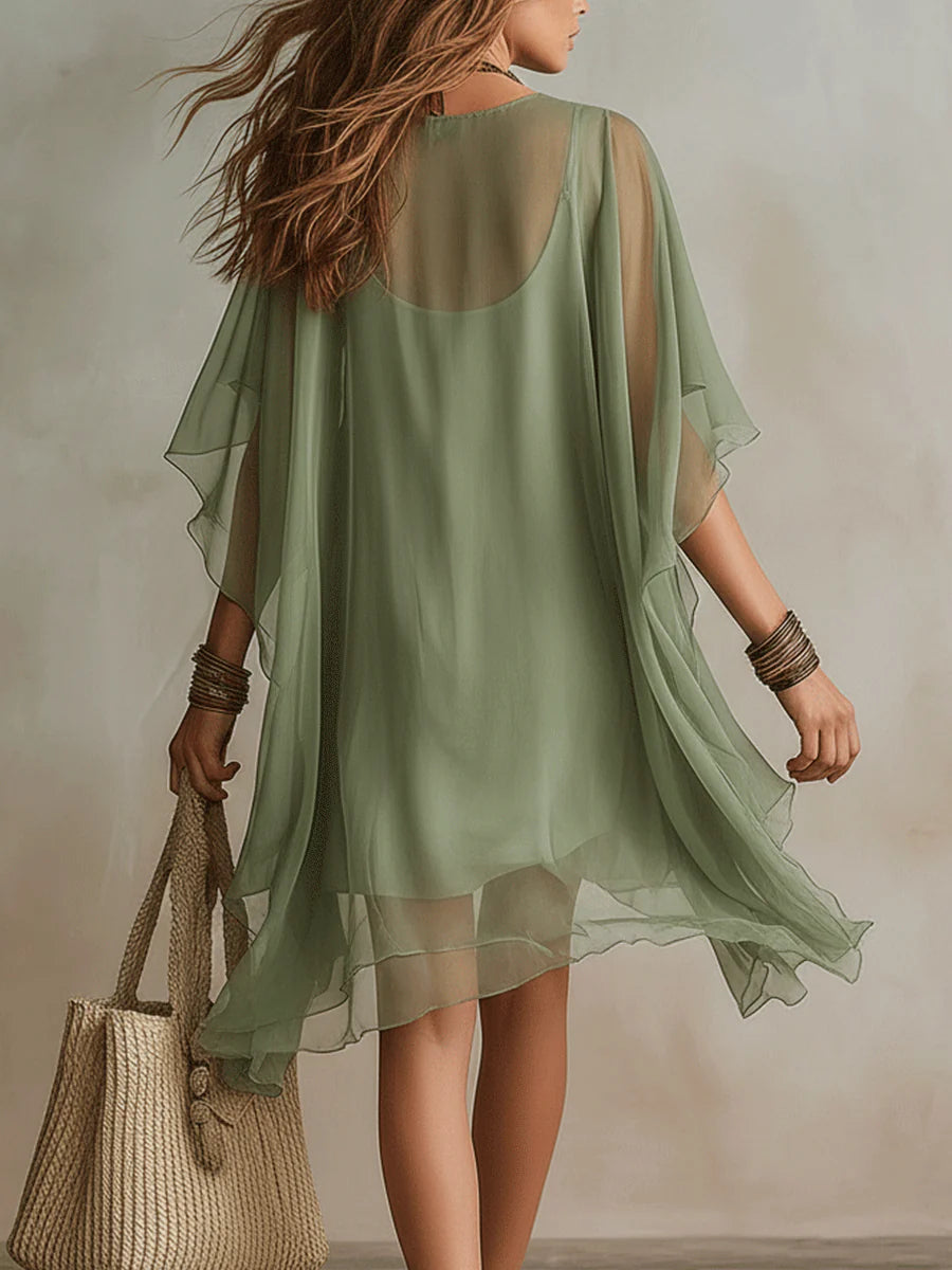 Vestido Mini Fluido de Chiffon Verde con Escote en V