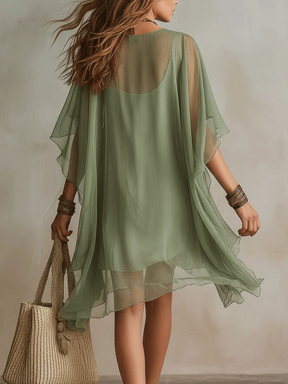 Vestido Mini Fluido de Chiffon Verde con Escote en V