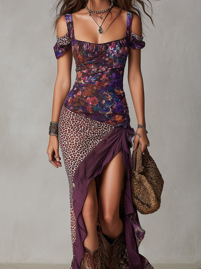 Vestido Maxi Floral de Leopardo Urbano Púrpura con Alto Escote