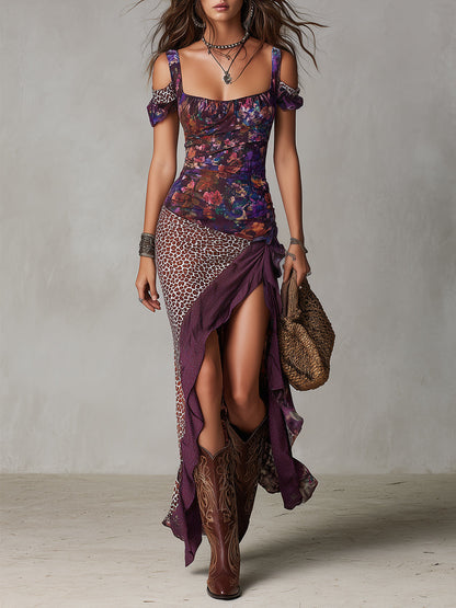 Vestido Maxi Floral de Leopardo Urbano Púrpura con Alto Escote