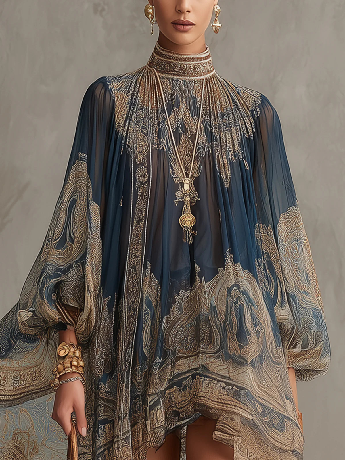 Vestido Mini de Chiffon Irregular de Cuello Alto con Estampado Barroco en Azul Marino