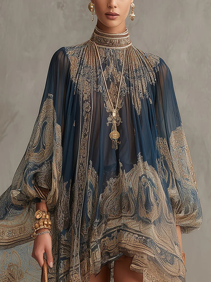 Vestido Mini de Chiffon Irregular de Cuello Alto con Estampado Barroco en Azul Marino