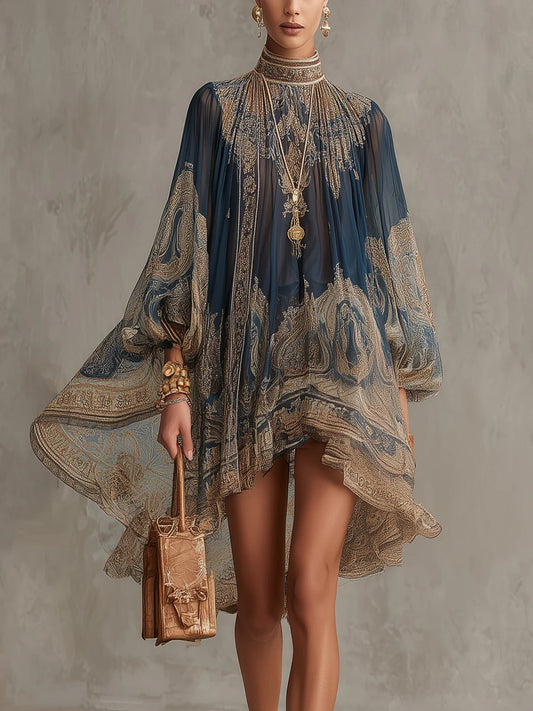 Vestido Mini de Chiffon Irregular de Cuello Alto con Estampado Barroco en Azul Marino