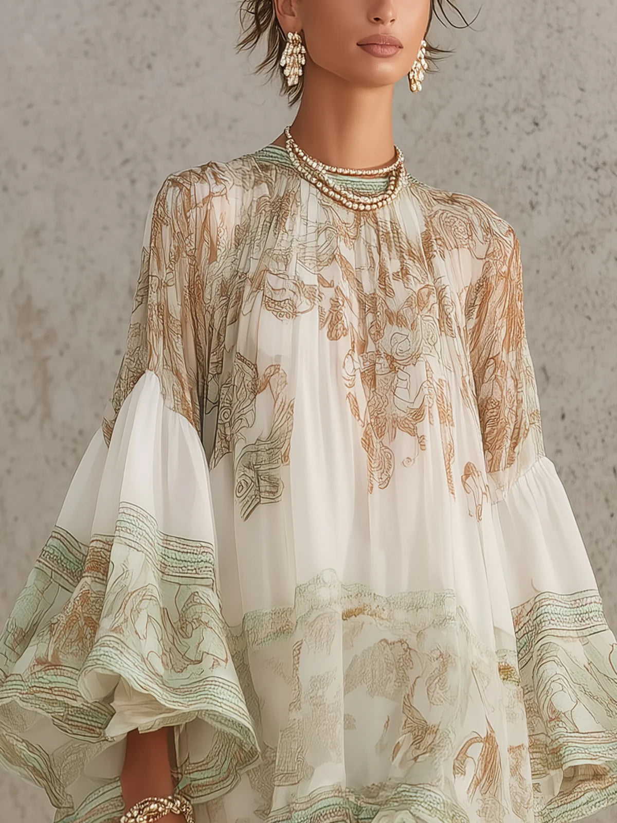 Vestido Mini de Chifón con Volantes y Mangas de Volante en Verde
