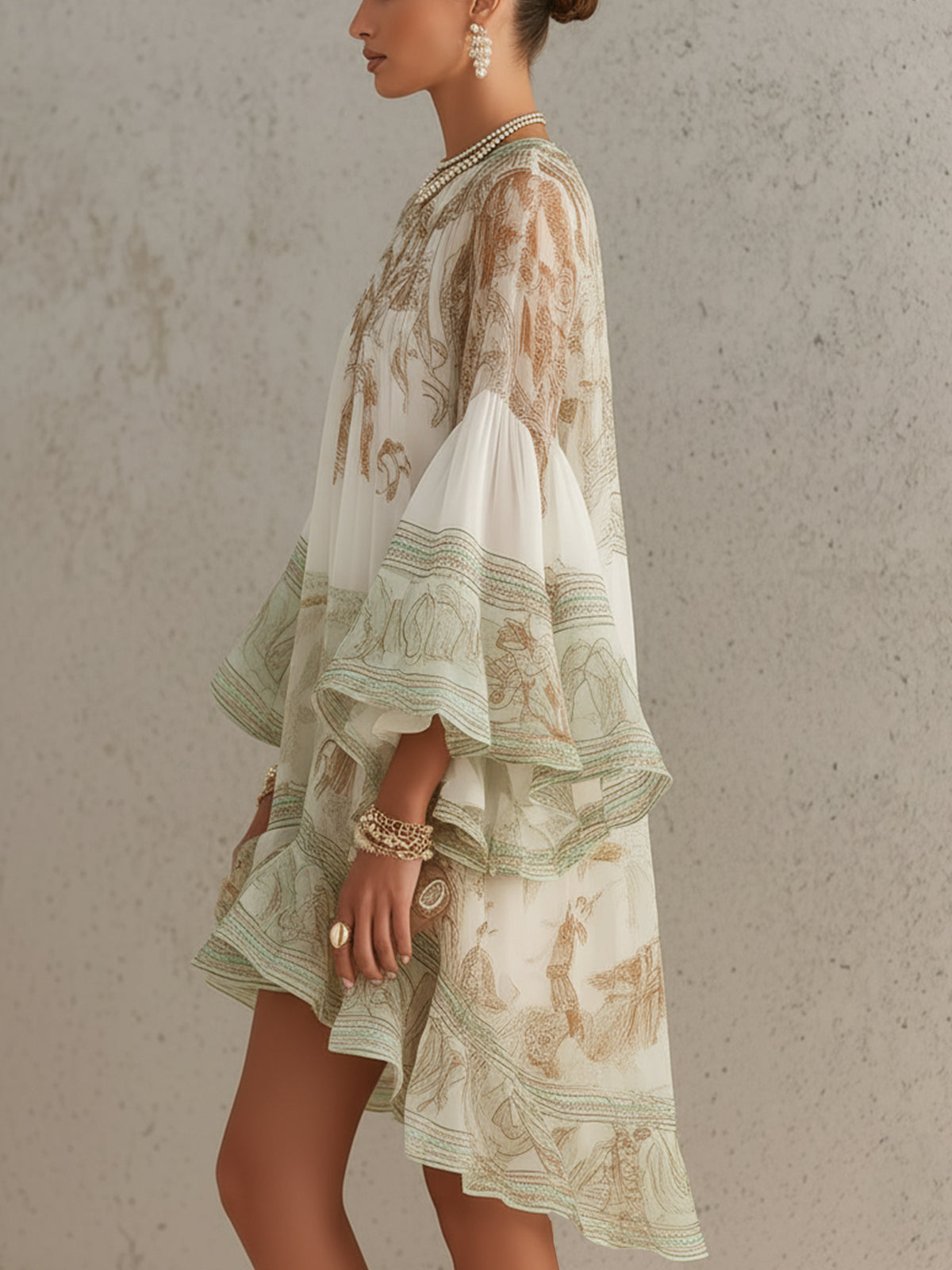 Vestido Mini de Chifón con Volantes y Mangas de Volante en Verde