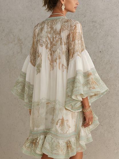 Vestido Mini de Chifón con Volantes y Mangas de Volante en Verde