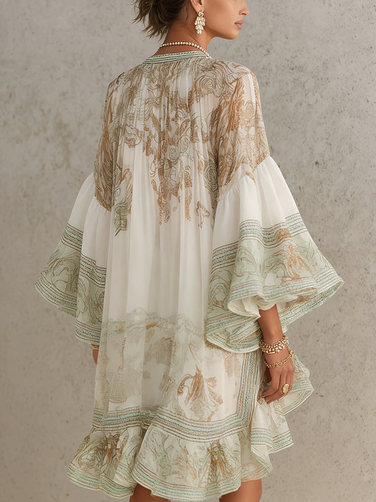 Vestido Mini de Chifón con Volantes y Mangas de Volante en Verde