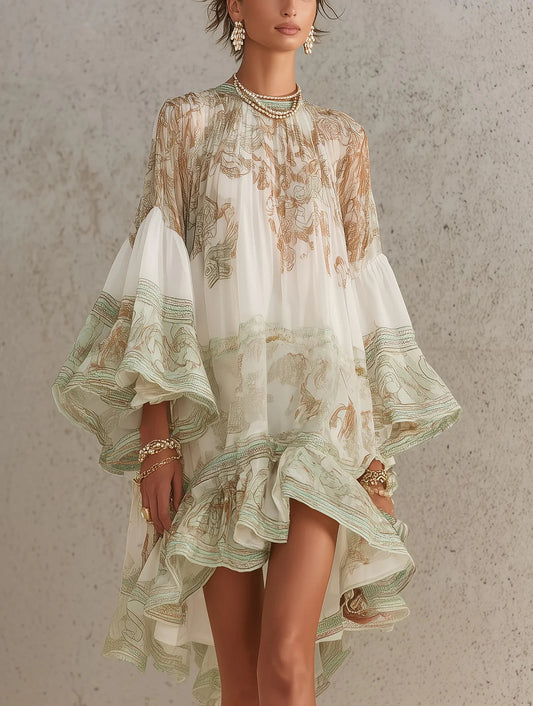 Vestido Mini de Chifón con Volantes y Mangas de Volante en Verde