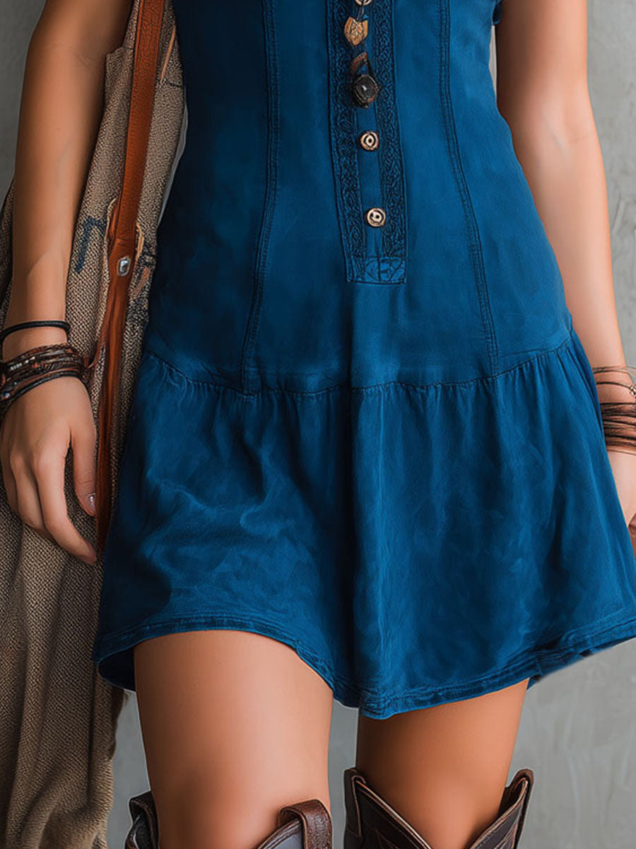 Vestido Mini Sin Mangas Bohemio de Cuello en V con Botones en Índigo
