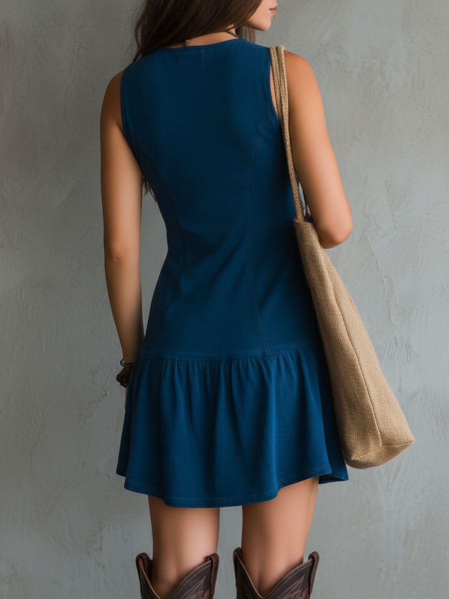 Vestido Mini Sin Mangas Bohemio de Cuello en V con Botones en Índigo