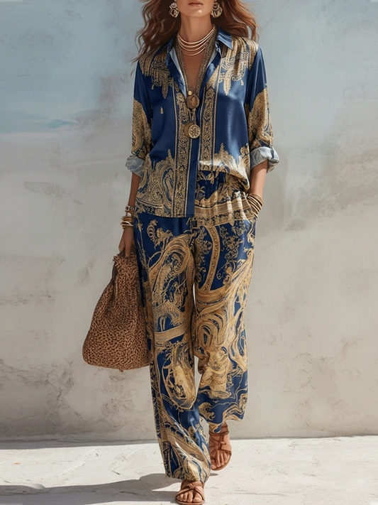 Camisa de Print Barroco en Azul Marino y Conjunto de Pantalones de Pierna Ancha