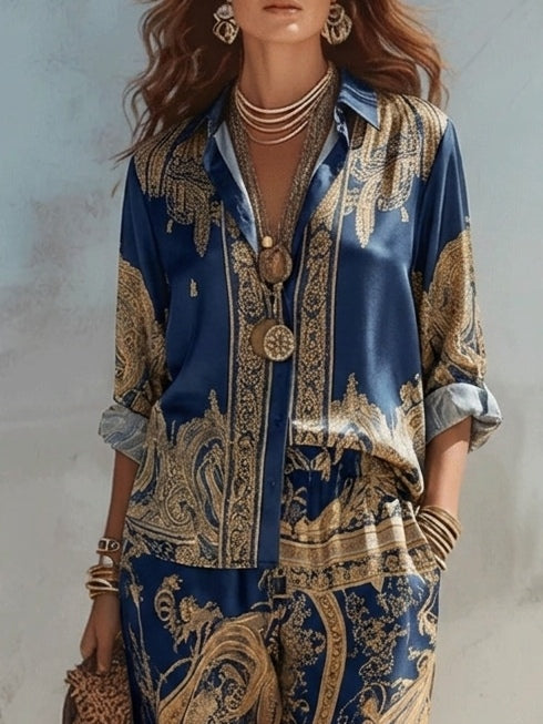 Camisa de Print Barroco en Azul Marino y Conjunto de Pantalones de Pierna Ancha