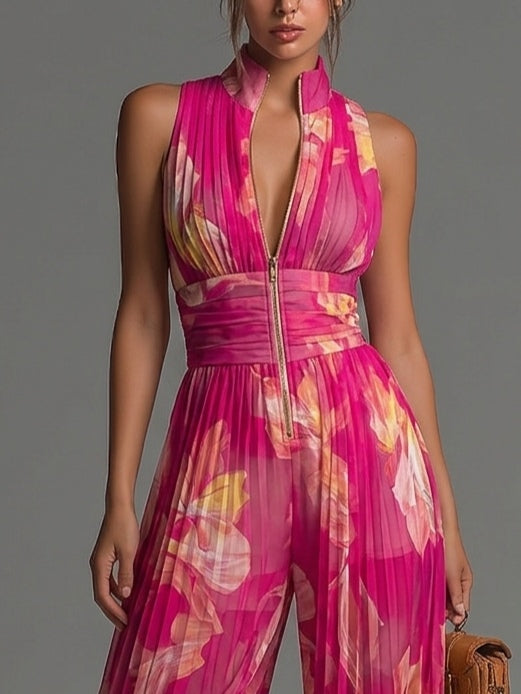 Mono de Chifón Sin Mangas con Cremallera y Pliegues en Color Fucsia con Estampado Floral