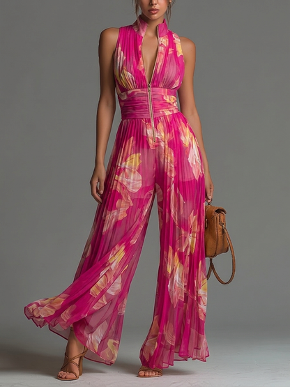 Mono de Chifón Sin Mangas con Cremallera y Pliegues en Color Fucsia con Estampado Floral
