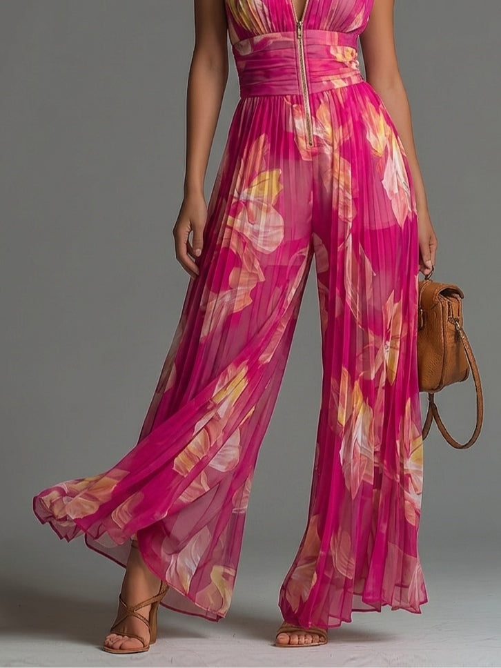 Mono de Chifón Sin Mangas con Cremallera y Pliegues en Color Fucsia con Estampado Floral