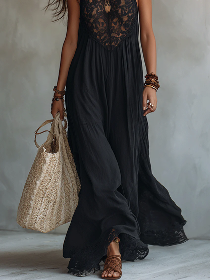 Vestido Maxi Sin Mangas de Encaje Negro Bohemio