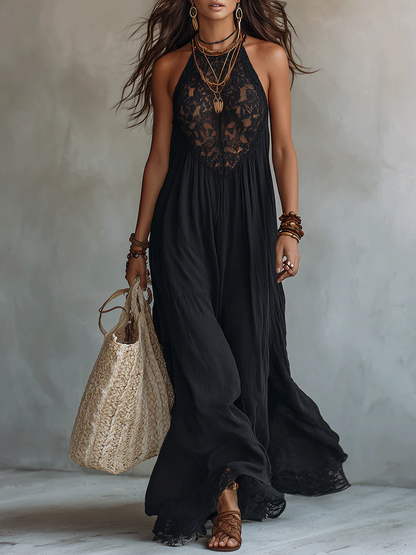 Vestido Maxi Sin Mangas de Encaje Negro Bohemio