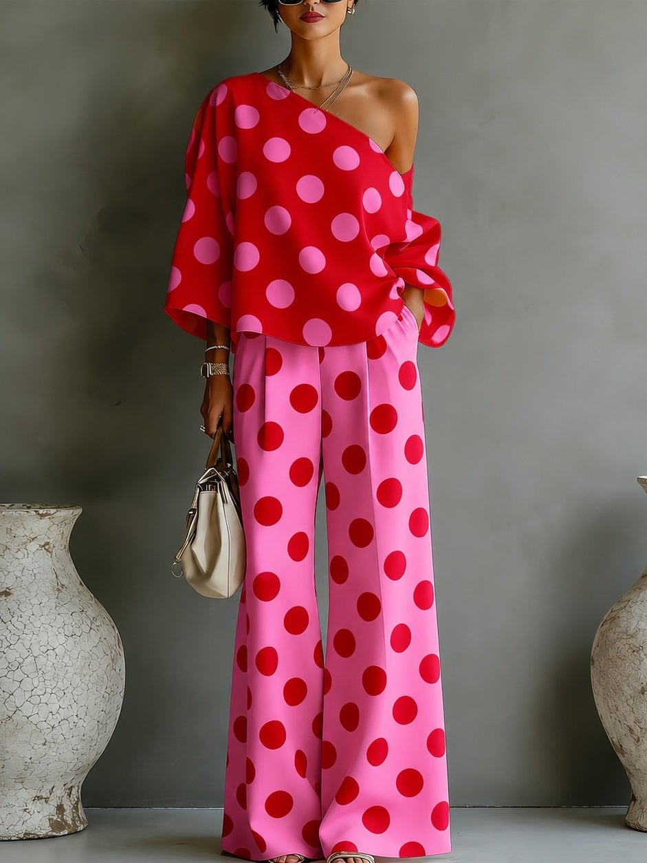 Conjunto de Top Rosa Retro con Lunares y Pantalones de Pierna Ancha