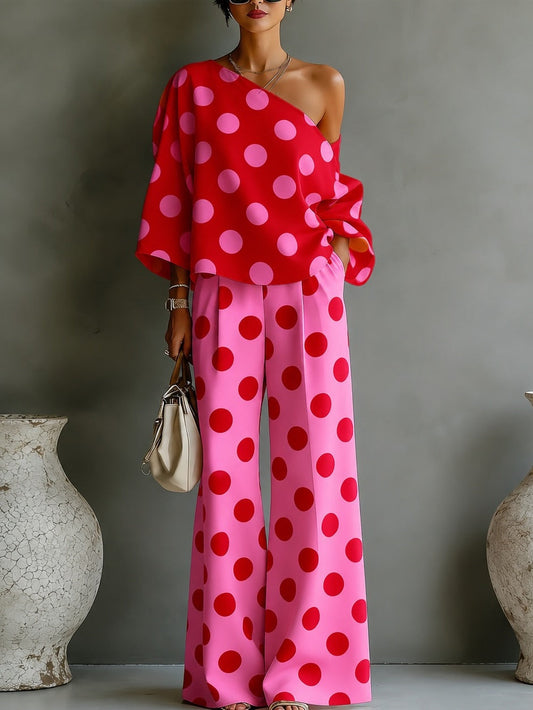 Conjunto de Top Rosa Retro con Lunares y Pantalones de Pierna Ancha
