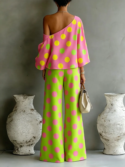 Conjunto de Top Asimétrico sin Hombros y Pantalones de Pierna Ancha