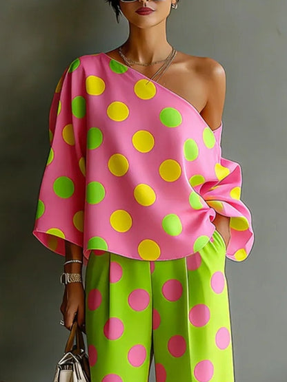 Conjunto de Top Asimétrico sin Hombros y Pantalones de Pierna Ancha