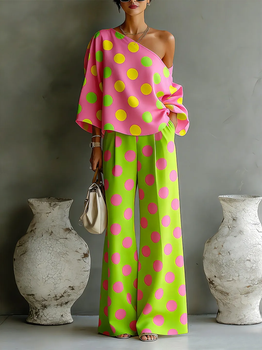 Conjunto de Top Asimétrico sin Hombros y Pantalones de Pierna Ancha