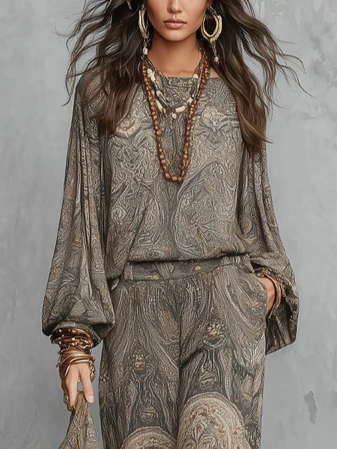 Top de Manga Lantern con Patrón Paisley Gris y Traje de Pantalones de Pierna Ancha