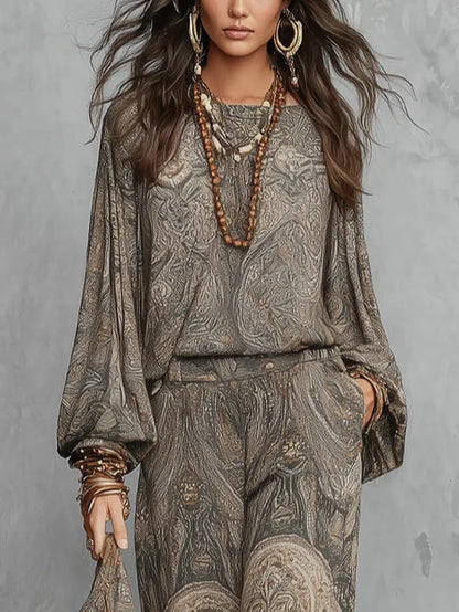 Top de Manga Lantern con Patrón Paisley Gris y Traje de Pantalones de Pierna Ancha