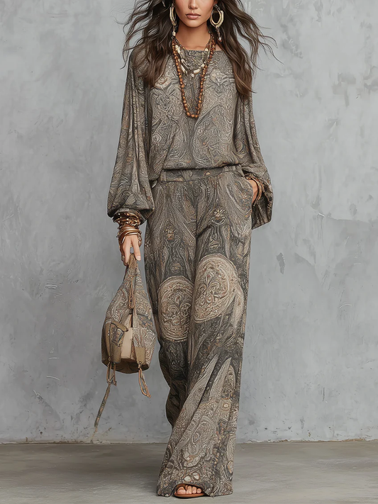 Top de Manga Lantern con Patrón Paisley Gris y Traje de Pantalones de Pierna Ancha