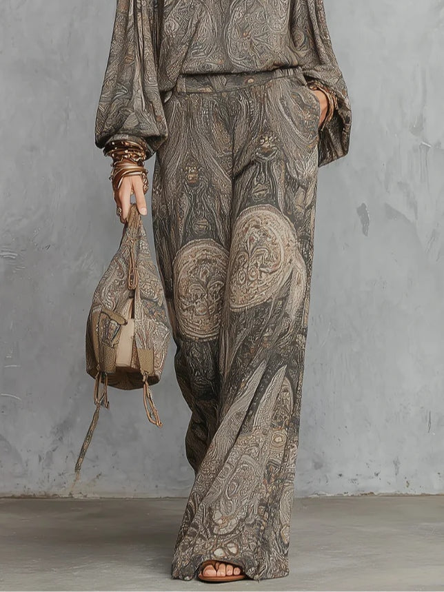 Top de Manga Lantern con Patrón Paisley Gris y Traje de Pantalones de Pierna Ancha