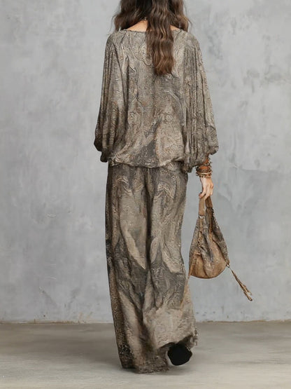 Top de Manga Lantern con Patrón Paisley Gris y Traje de Pantalones de Pierna Ancha