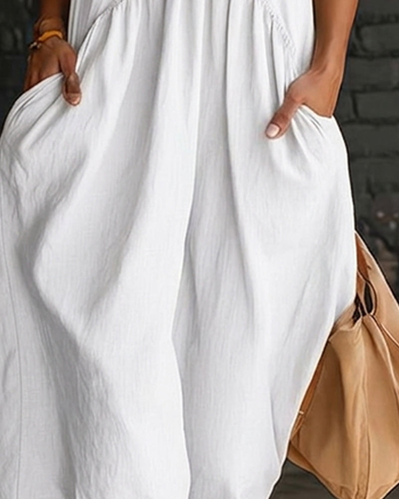 Vestido 100% Algodón Sin Mangas Cuello Alto Sólido Maxi