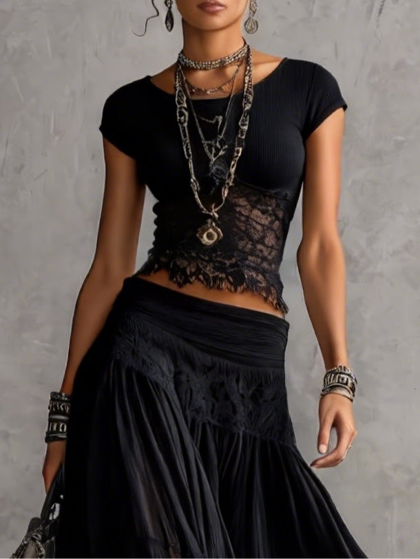 Conjunto de Top de Encaje Negro Transparente y Falda Maxi Plisada