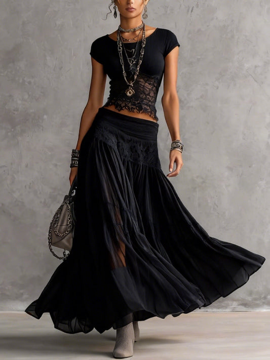 Conjunto de Top de Encaje Negro Transparente y Falda Maxi Plisada