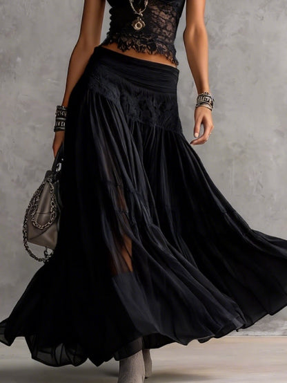 Conjunto de Top de Encaje Negro Transparente y Falda Maxi Plisada